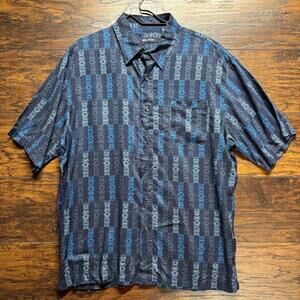 Puritan Men's Casual Shirt -Blue Totem Pole Pattern Short Sleeve Button Up Large